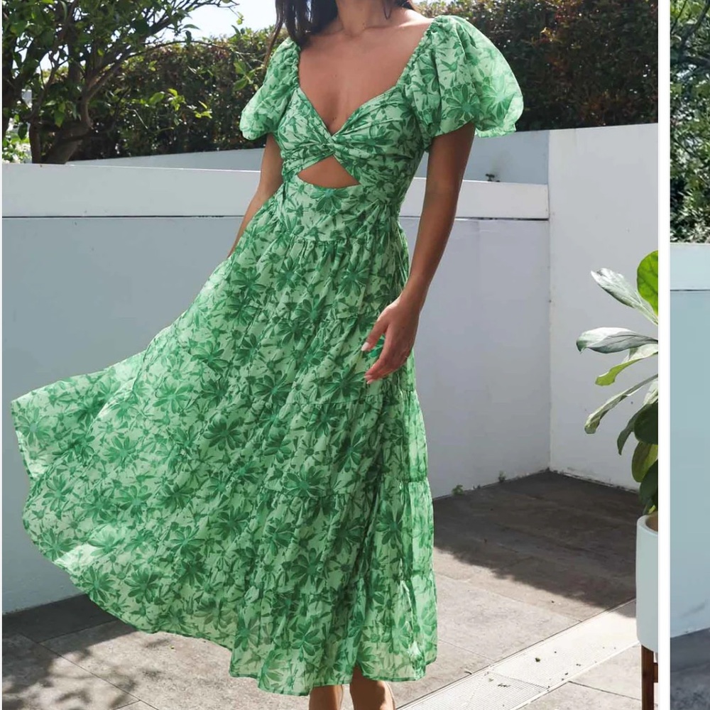 Chic Green Leaf Print Midi Dress